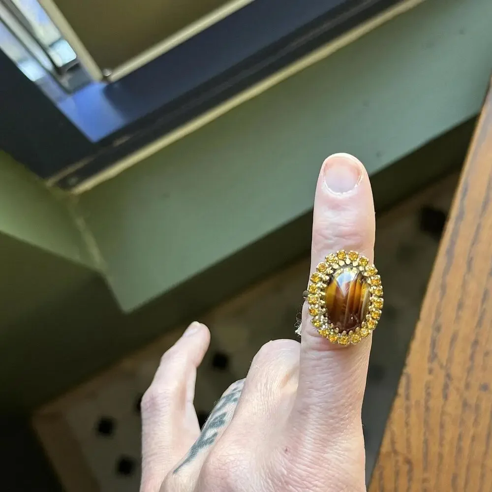Vintage Adjustable‎ Tigers Eye Ring Jewelry Statement Single Cocktail